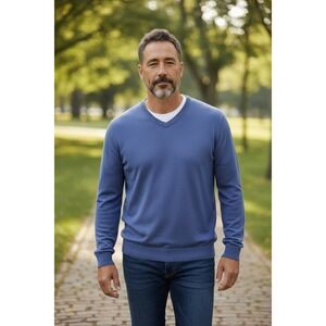 Turnbury Mens Extra Fine Merino Wool V Neck Sweater Blue Size XL